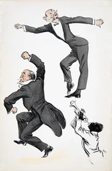 Gentiluomo anziano in frac e gentiluomo più giovane in cravatta nera ballano al suono di un trombettista, da White Bottoms, pub. 1927